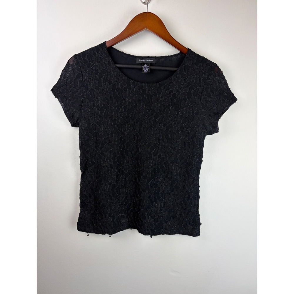 Goodclothes Top Small Black Lace Sheer Short Sleeve Floral Scoop Neck Whimsigoth